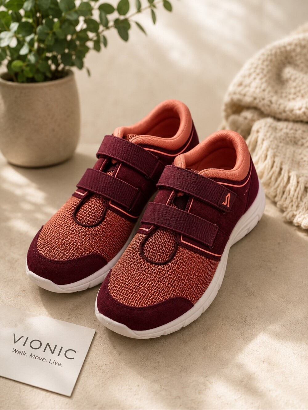 Vionic Hook & Loop Orthotic Burgandy Coral Walking Shoes. Ladies 9.5